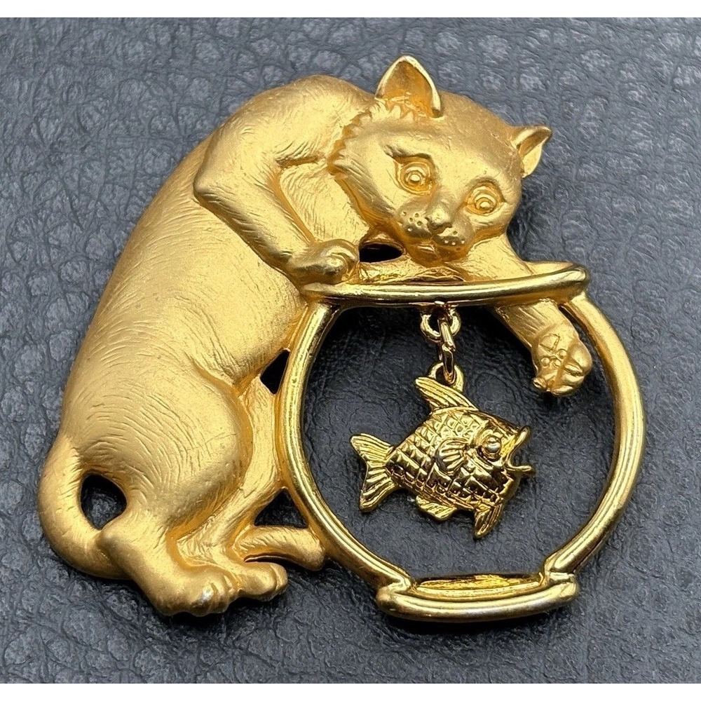 Vintage JJ Cat Fishing Brooch Pin Dangle Fish Charm Bowl Gold Tone